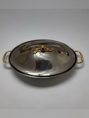 Oneida Covered Stainless Steel Serving Dish with Gold Accents - Silver and Gold